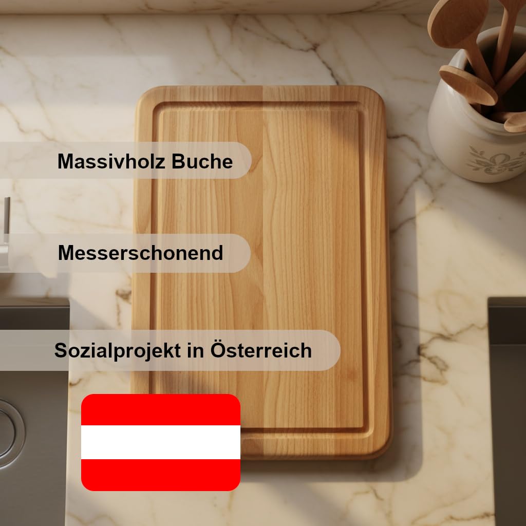 Tagliere in legno massello di faggio oliato, 38 x 25 x 2 cm, con scanalatura, qualità artigianale austriaca, per cucina e servire