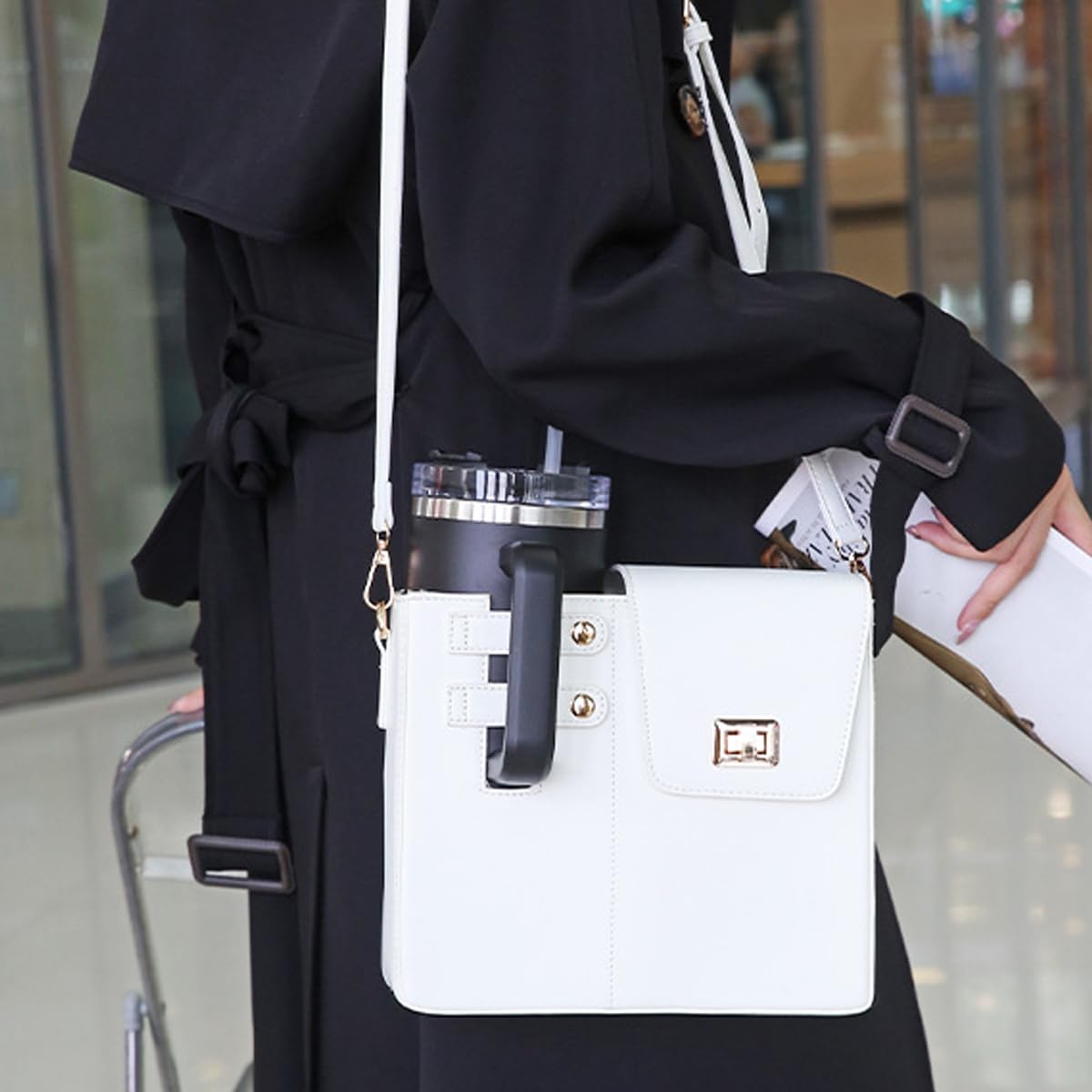 Sac bandoulière pour porte-gobelet, sac pour bouteille d'eau, avec sangle réglable, pour voyage, pique-nique, usage quotidien, blanc