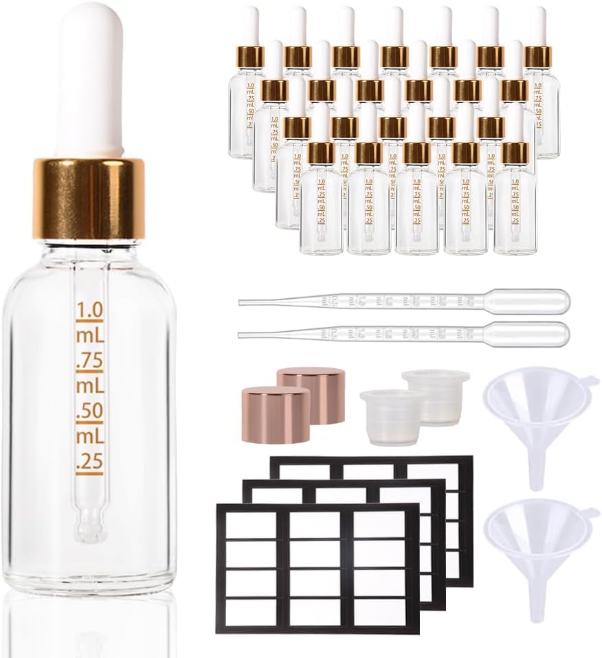 Set of 24, Dropper Bottles, Glass Dropper Bottles for Oil with Funnel,Small Travel Containers