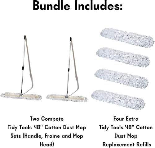 Miniatura 2 de Trapeador de polvo comercial y barredora de pisos, 48 x 5 pulgadas y cabezal de fregona reutilizable de algodón, 2 juegos de trapeador y 4 recambios