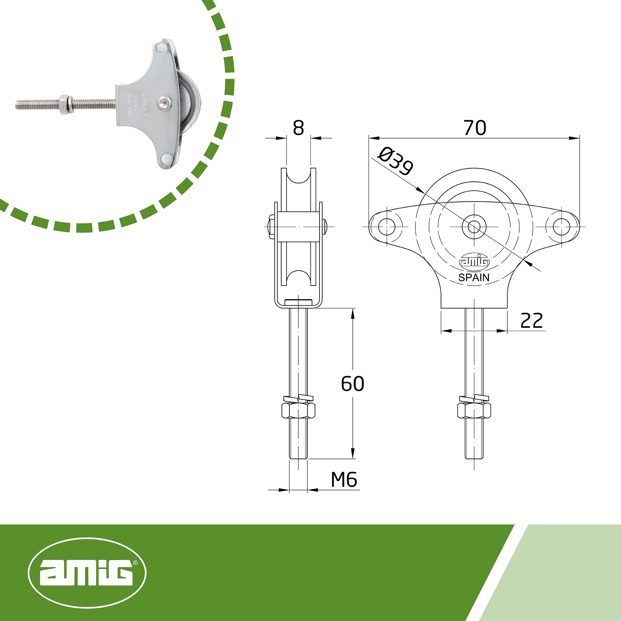 Amig - Polea con Roldana Metálica de 39 mm Mod.22 | M6 x 60 mm | Para Tendederos de Ropa | Acero Inoxidable 18/8 | Con Tornillo de Sujeción y Guías (Paquete de 6)