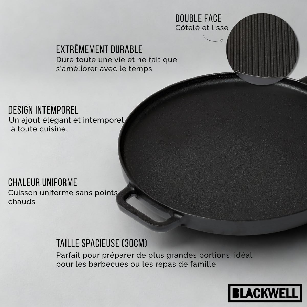 Plaque de cuisson Blackwell BBQ en fonte noire ø 30 cm - Sans revêtement antiadhésif 2 côtés