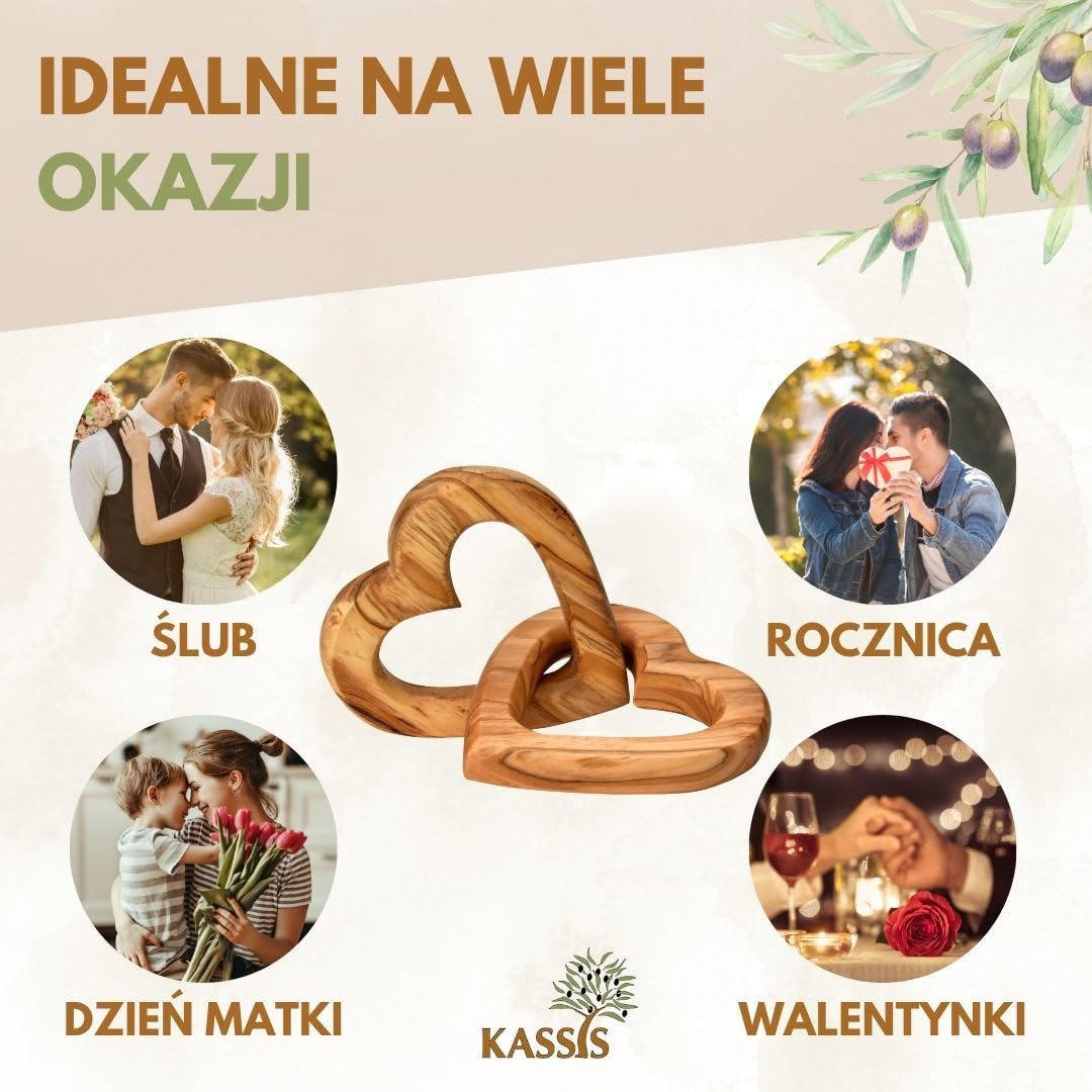 KASSIS serce z drewna oliwkowego, prezent ślubny dla pary młodej na Walentynki, rocznicę, urodziny, wysokiej jakości wykonanie, w wielu rozmiarach (grawerunek na życzenie, 10 cm)