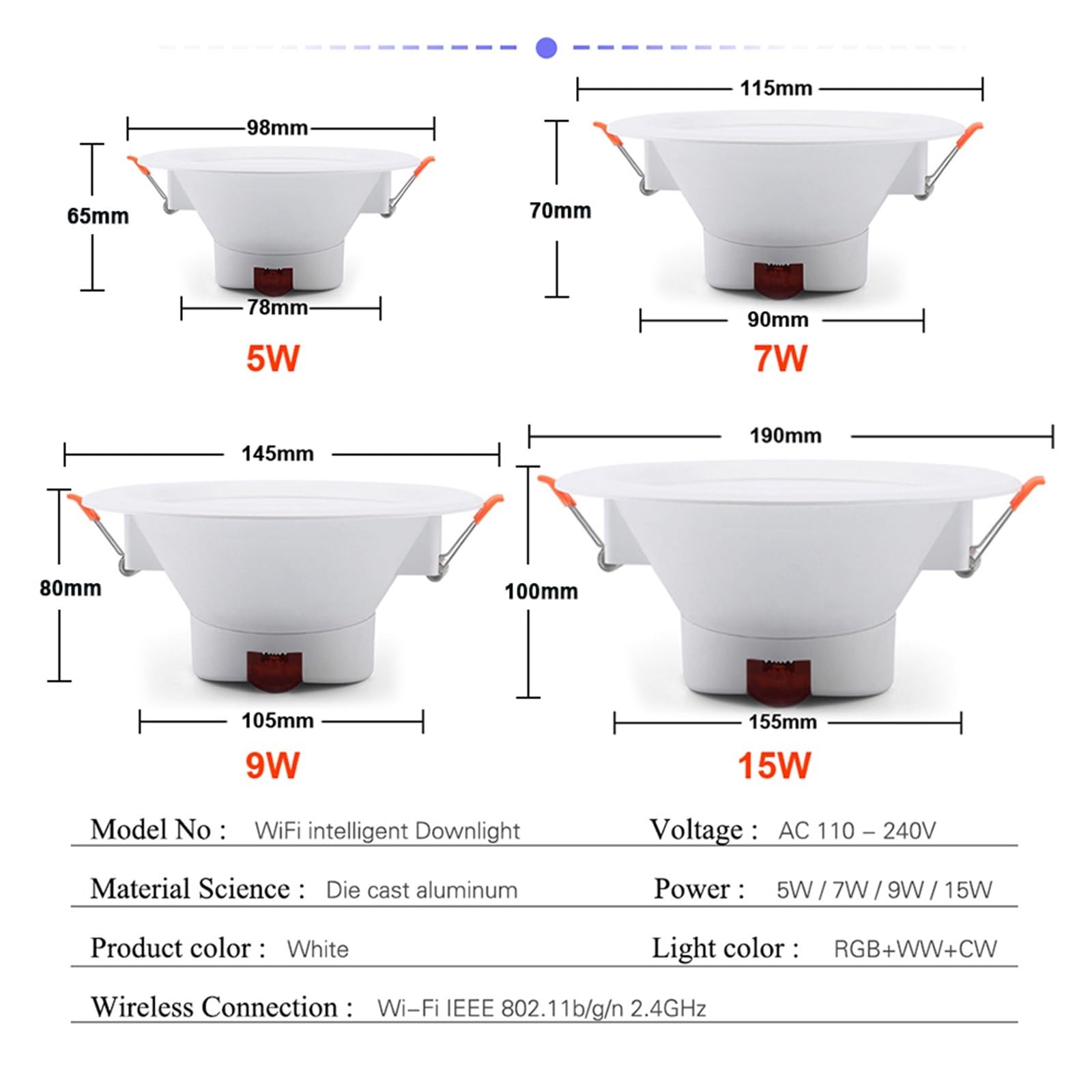 Luz de techo LED Downlight Tuya Smart WiFi, lámpara foco regulable RGB+CW+WW, Control por voz(2 Pieces,7W)