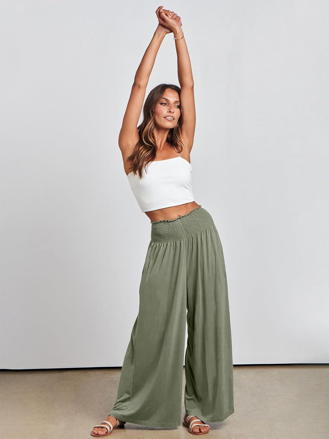 ANRABESS Women Palazzo Pants Summer Boho Bagyy Wide Leg High Smocked Waist Casual Loose Lounge Pant with Pocket - Image 9