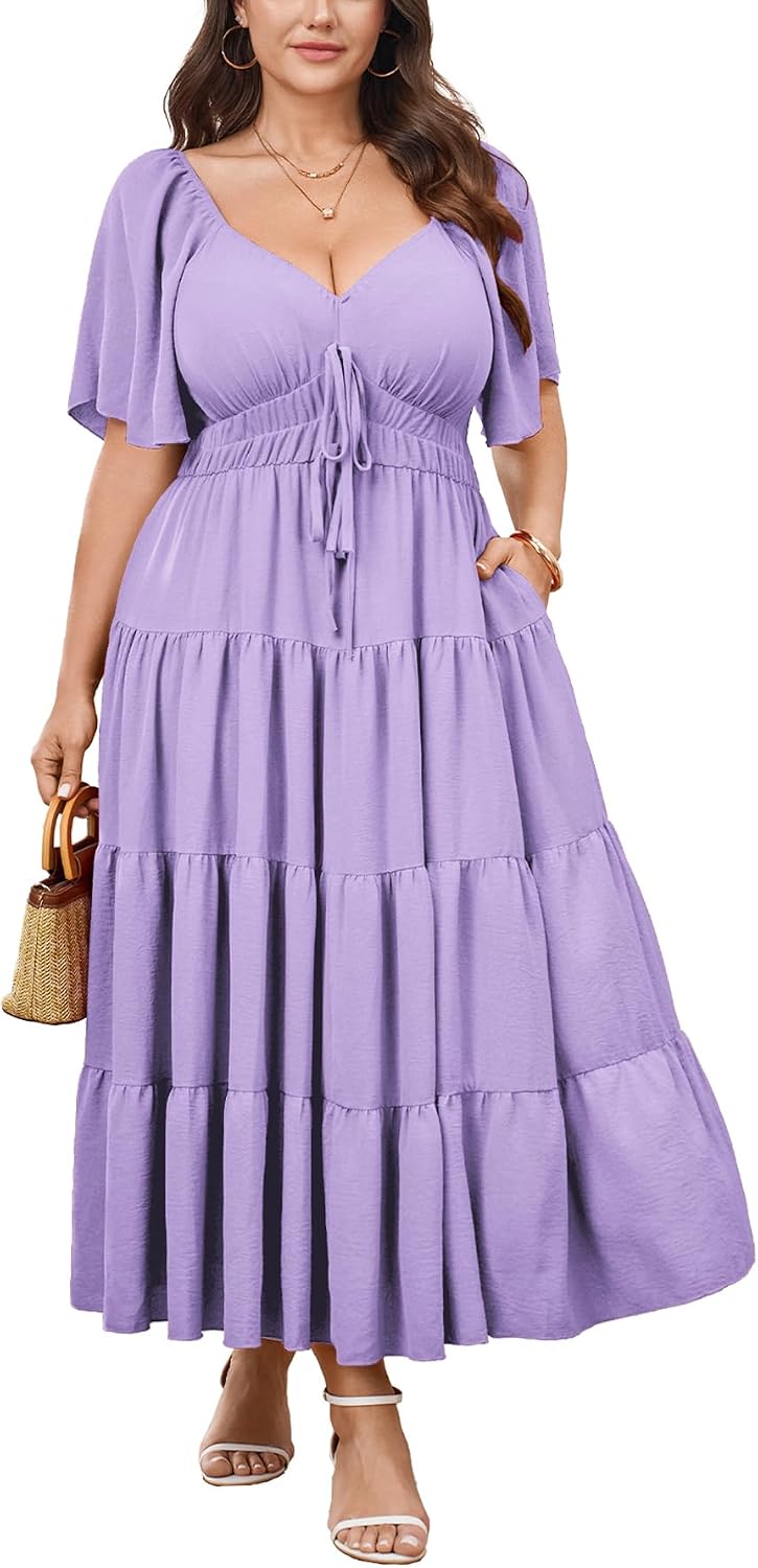 CICIDUDU Plus Size Casual Summer Boho Maxi Dress for Curvy Women Short Sleeve Tiered Flowy A-line Long Dress with Pockets
