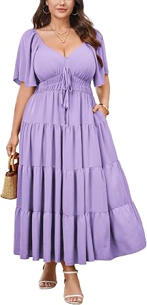 CICIDUDU Plus Size Casual Summer Boho Maxi Dress for Curvy Women Short Sleeve Tiered Flowy A-line Long Dress with Pockets