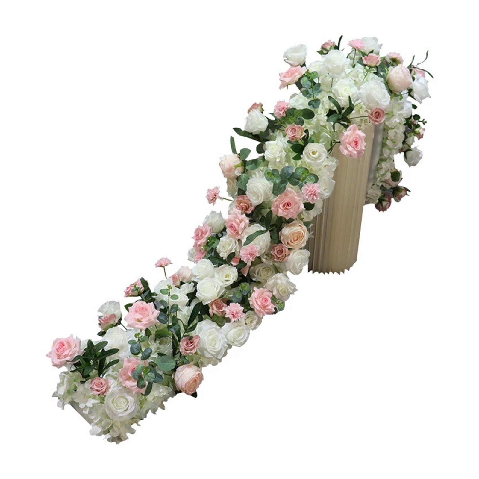 Hot Pink Rose Green Plants Leaf Flower Row Wedding Backdrop Decor Floor Flower Runner Event Table Floral Strip Arrangement Props Artificial Plants Indoor(A13-,45X200CM)
