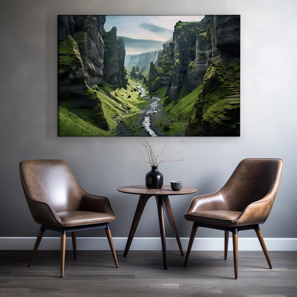 Canvas for Living room. Whispers of Nature: A River's Journey Through the Moss-Cloaked Canyon, 27 x 18 inch Canvas Wall Art - Modern Home Decor