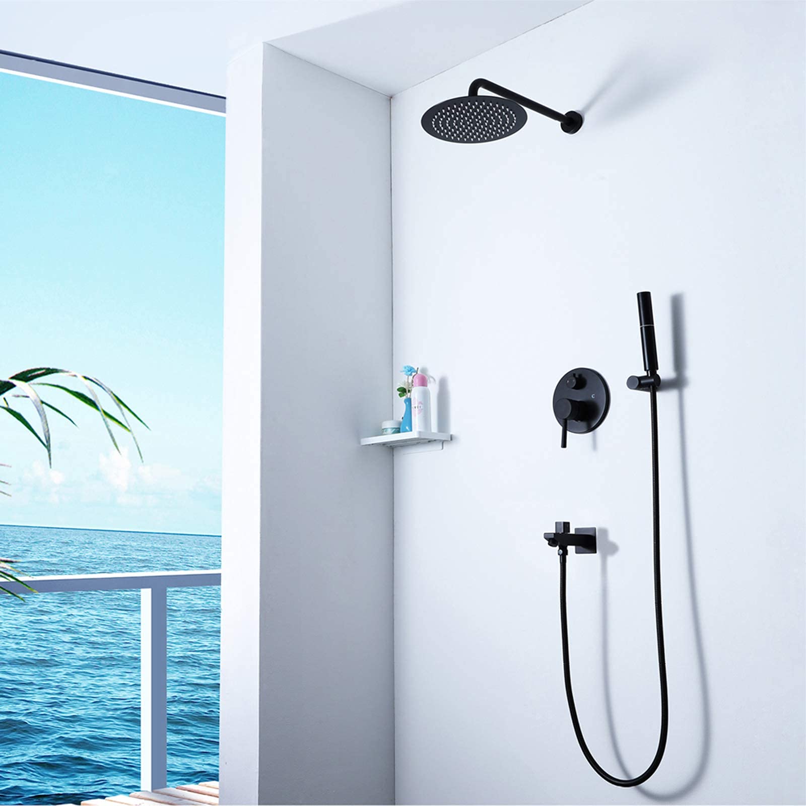 Set Combinato Doccia Miscelatore Black Rain, Rubinetto Doccia da Bagno a Parete con soffione Rotondo da 10 Pollici, doccetta a Mano, Bocca di erogazione per Vasca,