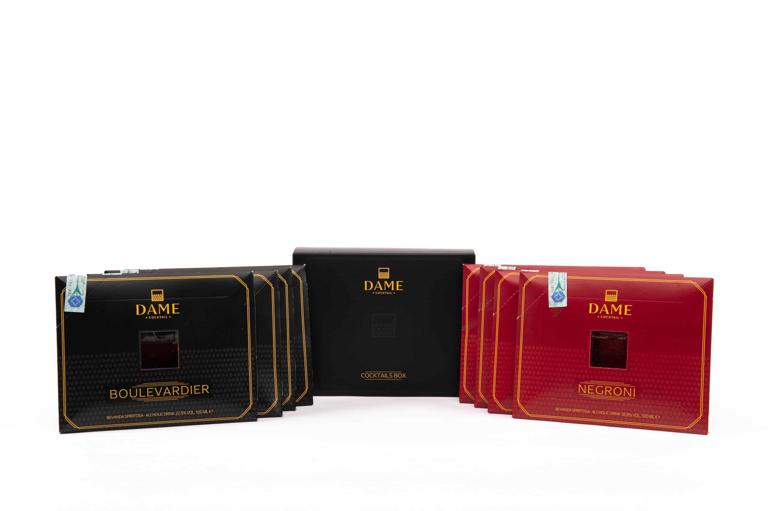 Dame Cocktail - Mix Inferno, Box da 16 cocktail italiani ad alta gradazione: 8 Negroni e 8 Boulevardier pronti da bere, selezione intensa firmata Dame, 16 x 100 ml