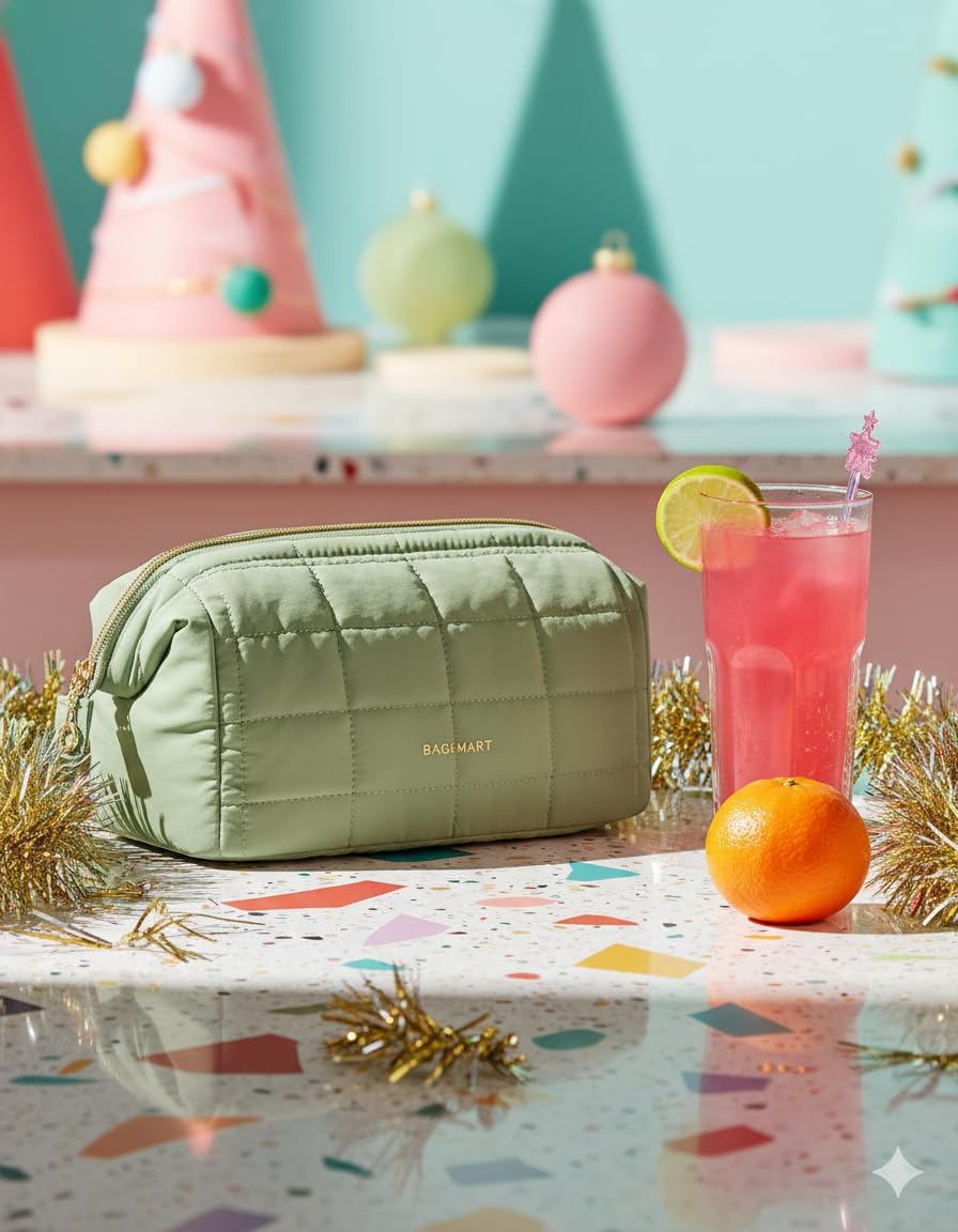 BAGSMART Makeup Bag Travel Cosmetic Bag, Puffy Padded Make Up Bags for Women Makeup Organizer Case, Wide-open Pouch Purse Travel Essentials Toiletries Accessories Brushes, Mossy Green - Image 2