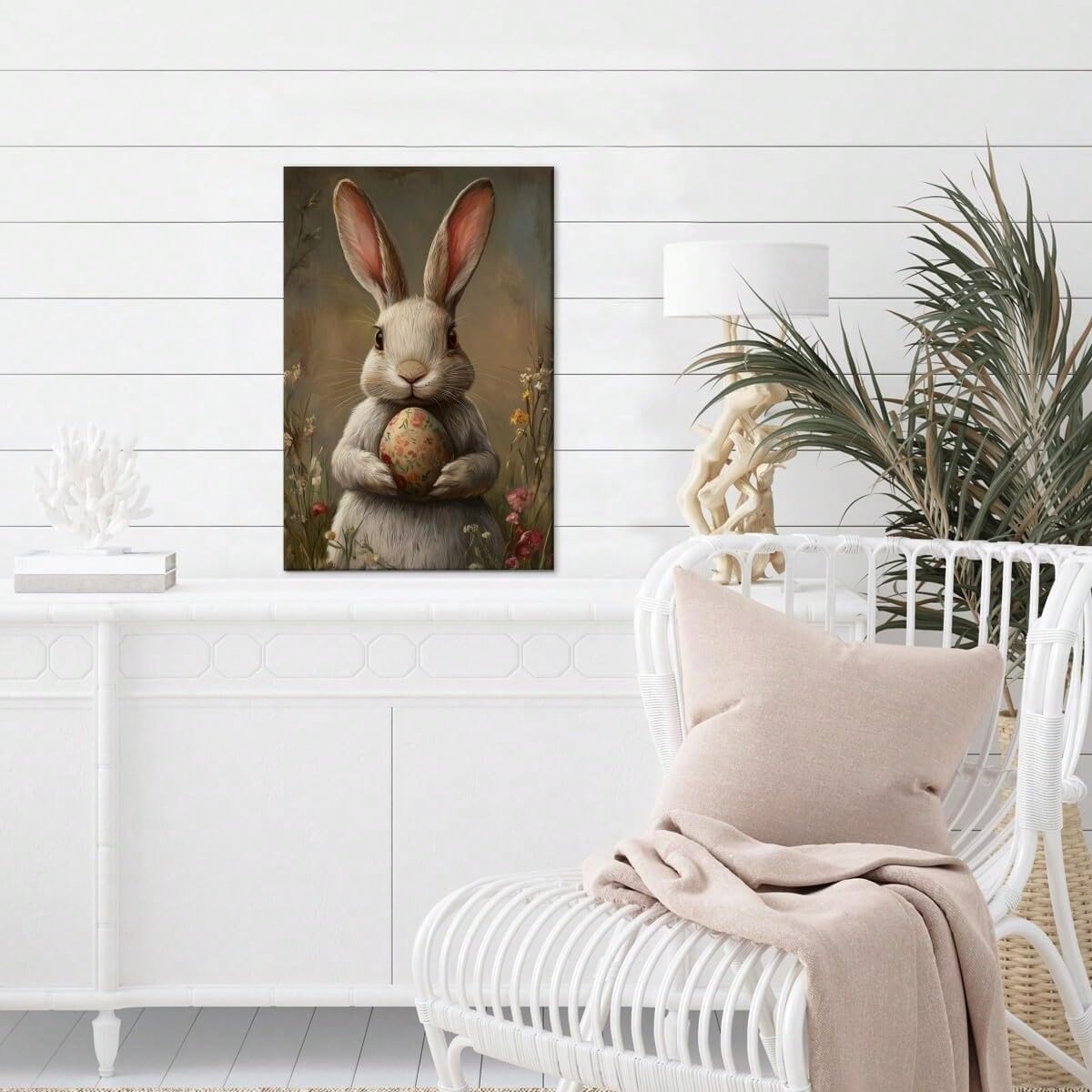 AIHNBF Encantador conejo de Pascua lienzo con huevo de flores – lindo conejo blanco estampado animal para decoración de primavera y vacaciones, 50 x 75 cm