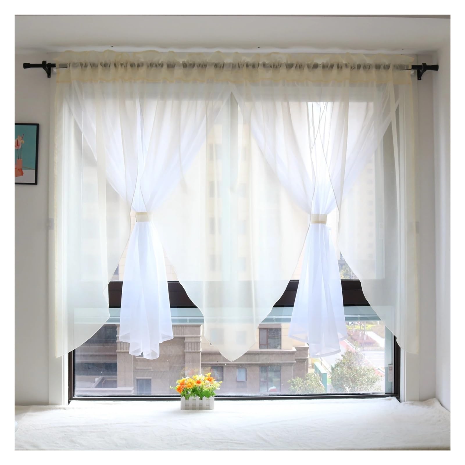 MKYYIOED Short Curtains Solid Voile Veil Livingroom Balcony Bedroom Curtain Sheer Short Kitchen Window Treatments(Beige yellow,ROD-POCKET_W200CM X H100CM)