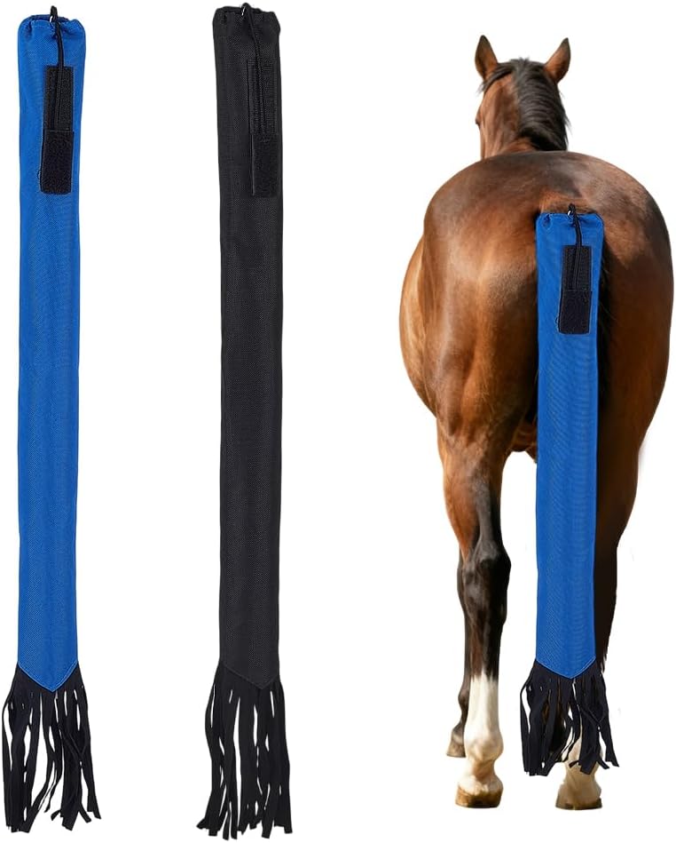AHANDMAKER 2Pcs Horse Tail Bag, Breathable Lightweight Slip On Horse Tail Guard with Fringe Waterproof Adjustable Protective Wrap to Keep Horses Tails Clean, 27.6 Inches Long, Blue Black