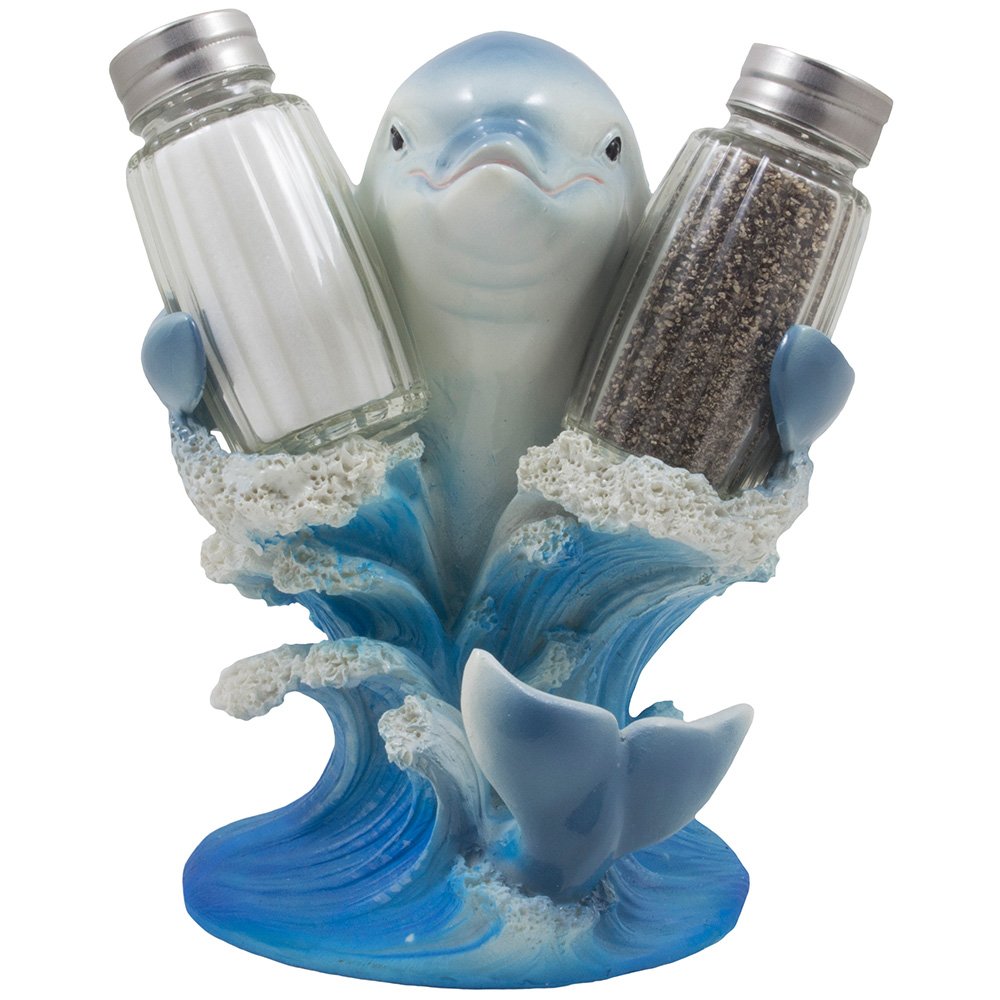 Equitación, diseño de delfín ola de mar tropical Juego de salero y pimentero con soporte figura decorativa en decorativo cocina Decor Spice Racks y Porpoise Display Stands o playa Bar y restaurante mesa mesa como regalos para los amantes del delfín