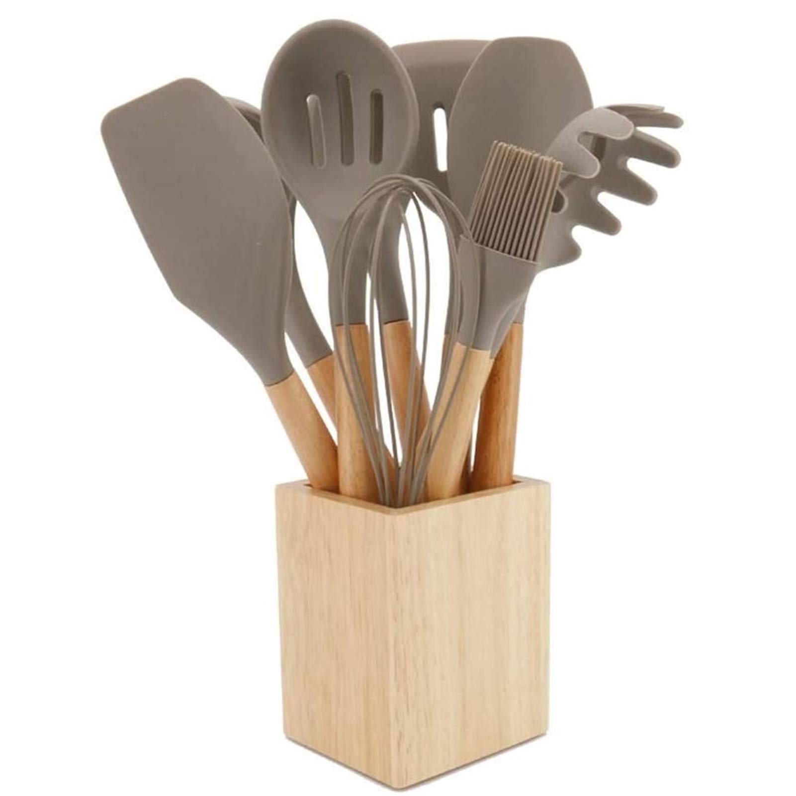 Utensilios de Cocina de Silicona con Mango de Madera, Utensilios de Cocina antiadherentes, Juego de Utensilios de Cocina de Silicona Resistentes a Altas temperaturas, Cuchara, espátula,