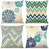 TRIKPTEY Sage Green Dahlia Pillow Covers 18x18 Set of 4, Summer Floral Flower Zig Zag Geometric Outd