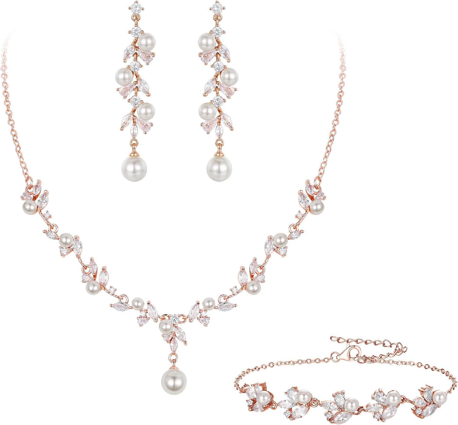 EleQueen Women's Simulated Pearl Wedding Jewelry Set, Cubic Zirconia Marquise Floral Bridal Necklace Earrings Bracelet Sets