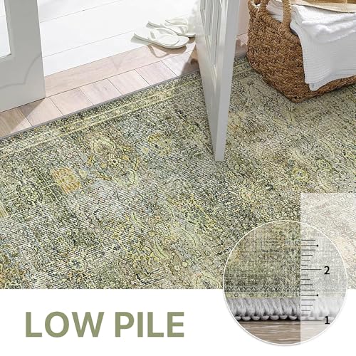 GENIMO 2x5 Non Slip Hallway Runner Rug, Machine Washable, Thin & Low Pile Lightweight for Kitchen, Laundry, Entryway, Bedroom & Living Room, Vetiver-Green