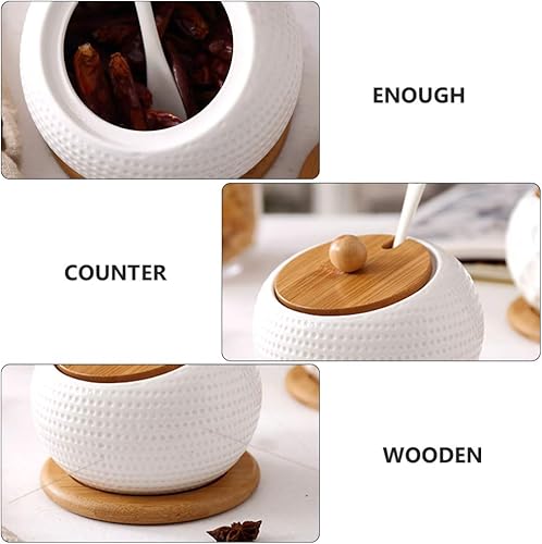Miniatura 4 de LIFKOME Tarro de condimentos de porcelana para especias con tapas, soporte para tapas, juego de caja de condimentos de cerámica, cuchara de servir,