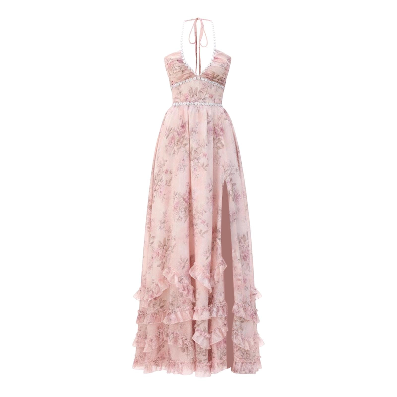Abito da sera da donna, linea ad A, con fiori, perle, abito da cocktail, elegante abito da damigella d'onore, abito da ballo, scollo a V, in chiffon, con spacco laterale, abito da festa con schiena