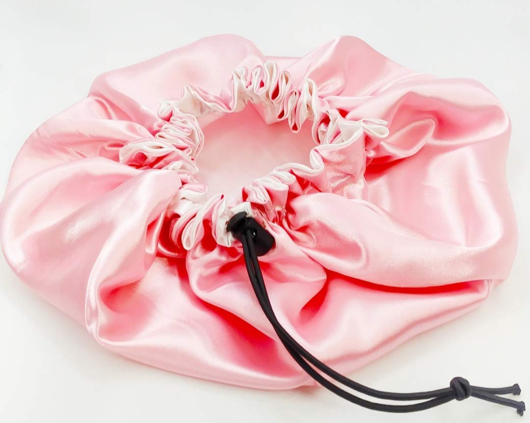 Knittabella Adjustable Reversible Satin Bonnet for Hair (Pink and White)