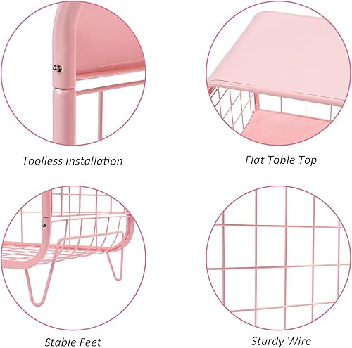 Miniatura 7 de Mesa auxiliar de metal, bonita mesita de noche rosa, mesa auxiliar de 3 niveles con almacenamiento, mesita de noche vintage, muebles de dormitorio