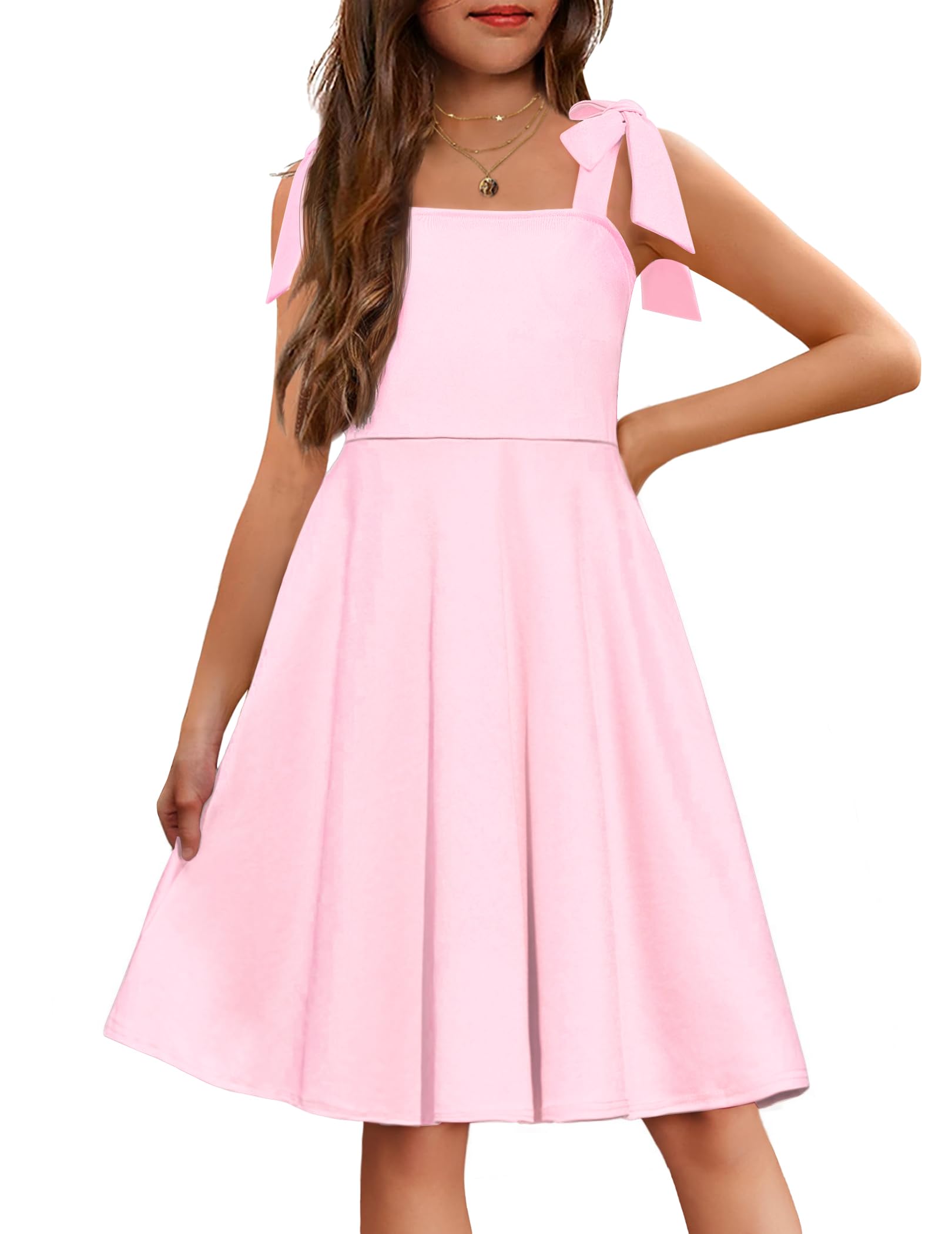 Arshiner Girls Summer Dress Tie Strap Sleeveless Solid Color Square Neck Party Dresses 6-11 Y