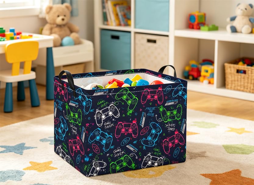 Image of Rectangular Baby Kids Storage Basket for Home Kitchen Girls Cute Toy Storage Bin Organizer Shelf Book Room Decor(Blue Game)