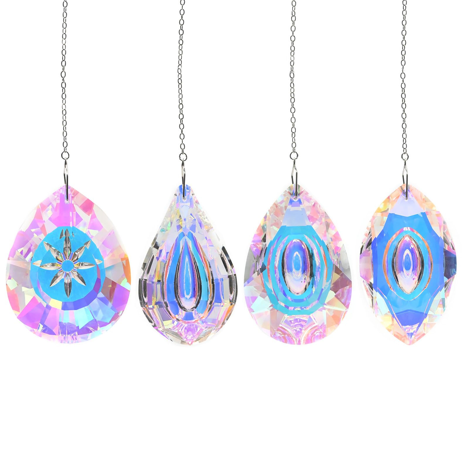 Hoypeyfiy 4 PCS Crystal Suncatcher Set, Hanging Prism Ornaments for Rainbow Light Effect, Indoor Outdoor Window Decor for Home and Garden