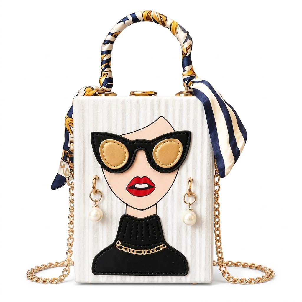 Baggies Women White Graphic Box Clutch with Scarf Detail-image-20