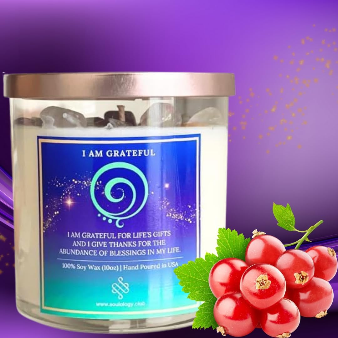 I Am Grateful Crystal Manifestation Candle 10oz, Handmade crystal candle, 100% Soy Wax & Phthalate-Free Fragrances, High Vibe Crystal Affirmation Candles, The Power of Gratitude, Candle Magic