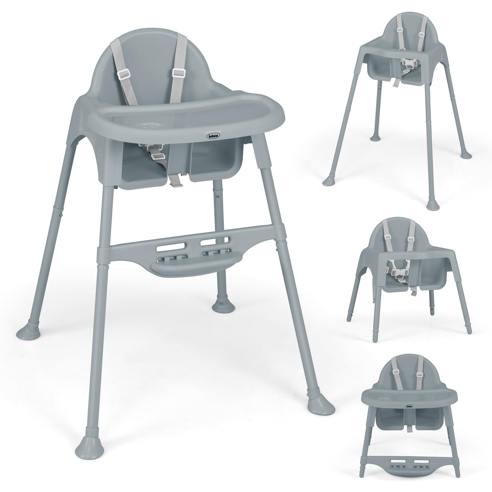 INFANS 4 in 1 Baby High Chair, Convertible Highchair for Babies and Toddlers, Infant Feeding Highchairs with Removable Tray Adjustable Footrest, Compact Lightweight Highchair for 6-36 Months (Grey)