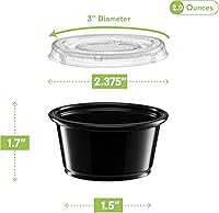 Vista 6 de 2 oz – 100 juegos de tazas de plástico sumergibles negras con tapas, pequeños recipientes para control de porciones, chupitos de gelatina