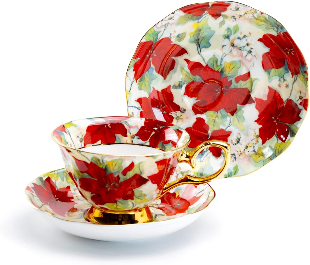 Poinsettia Gold Bone China Tea Cup and Saucer