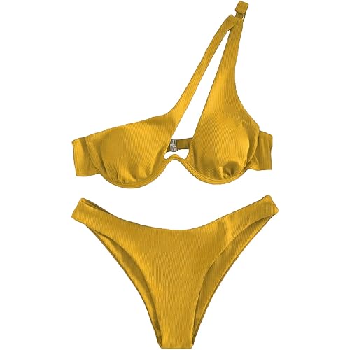 Lilosy Sexy Underwire One Shoulder Bikini High Cut Brazilian Swimsuit Set 2 Piece