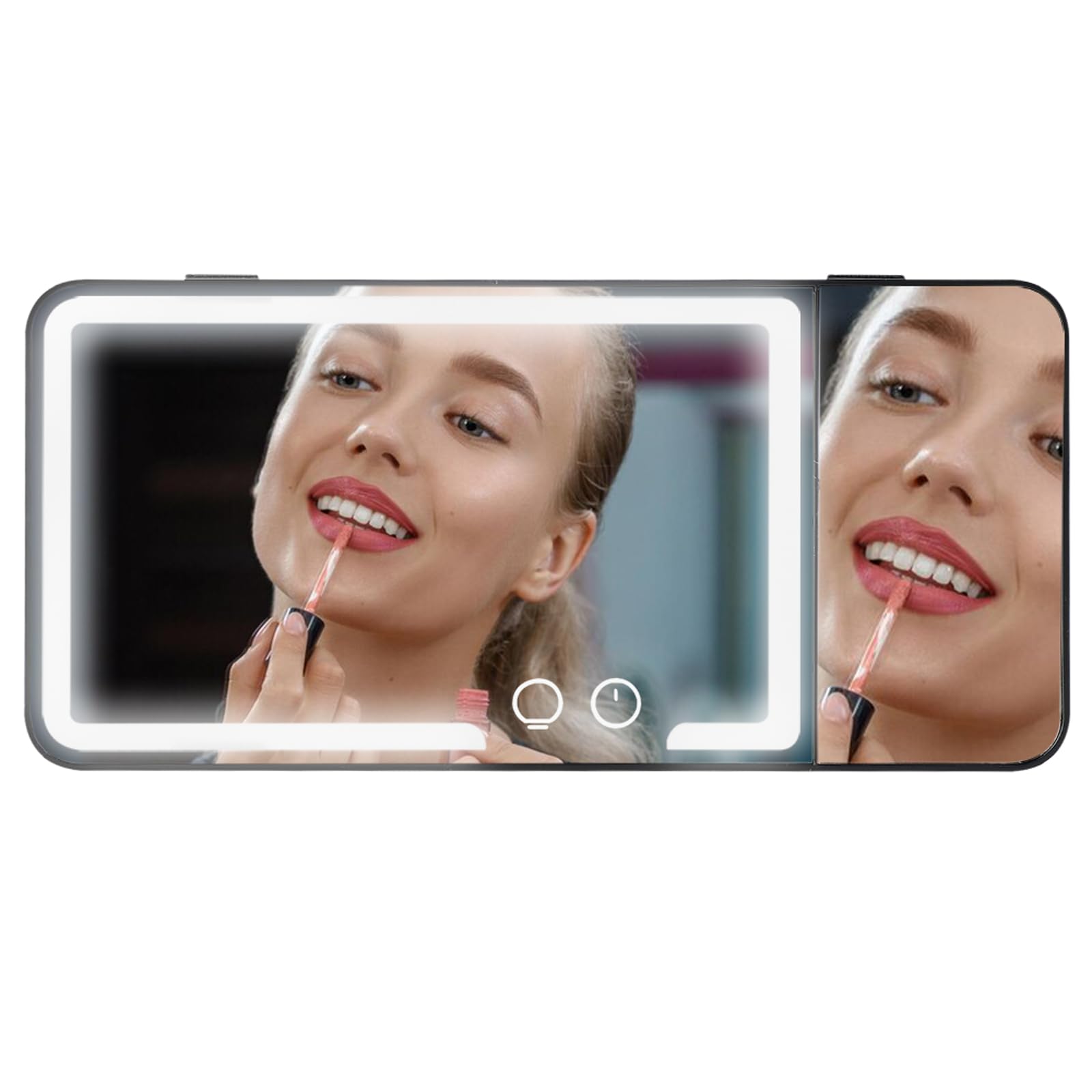 Kytpyi Espejo Parasol Coche, Recargable Resistente a Arañazos Espejo Maquillaje Coche con Luz (3 Modos de Luz) Lupa 3X (Negro)