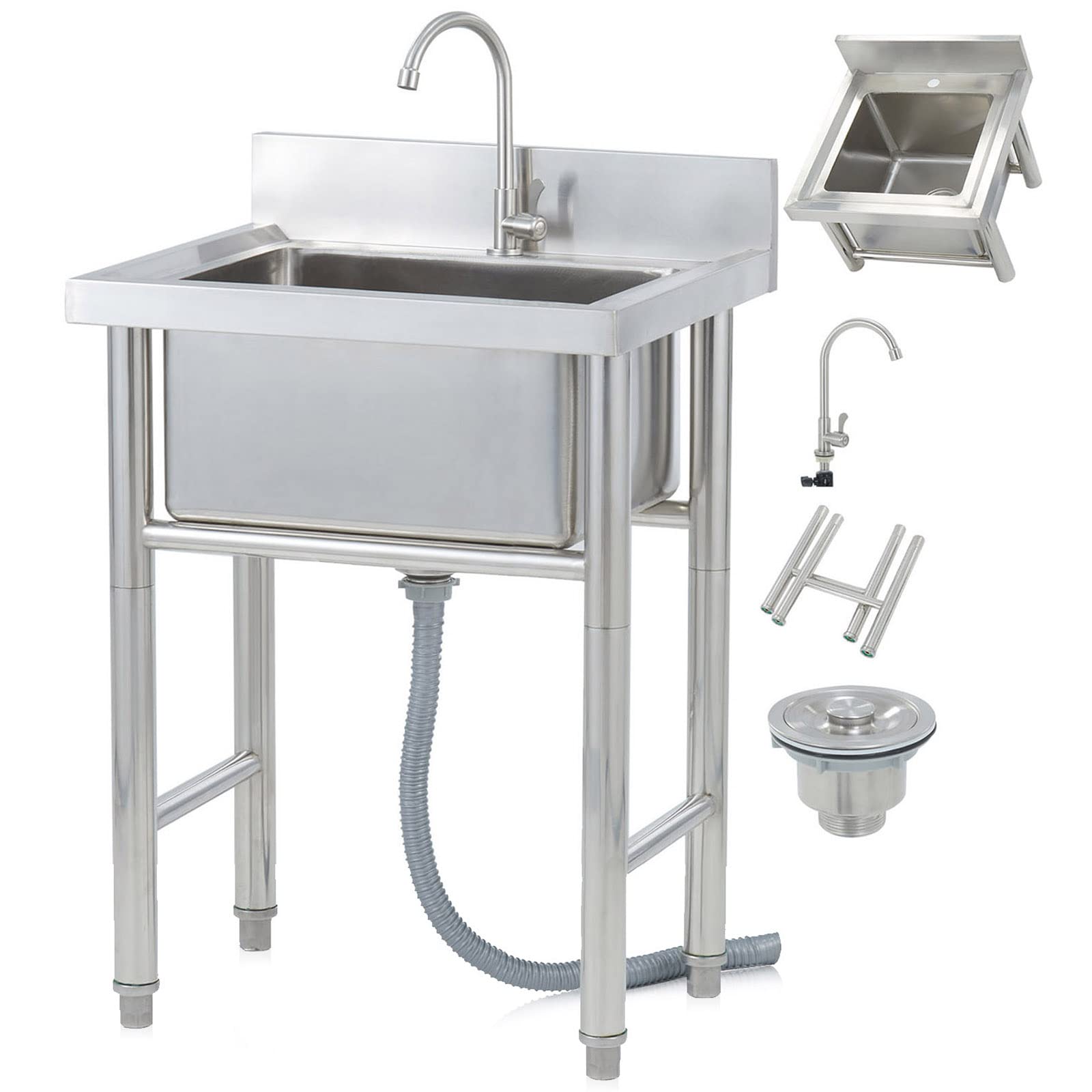 TAXXII Outdoor Sink Set,(en:Stainless Steel Single Bowl Utility Commercial Kitchen Set Washing Hand Basin with Faucet,Indoor 1 Compartment for Laundry Backyard Industrial