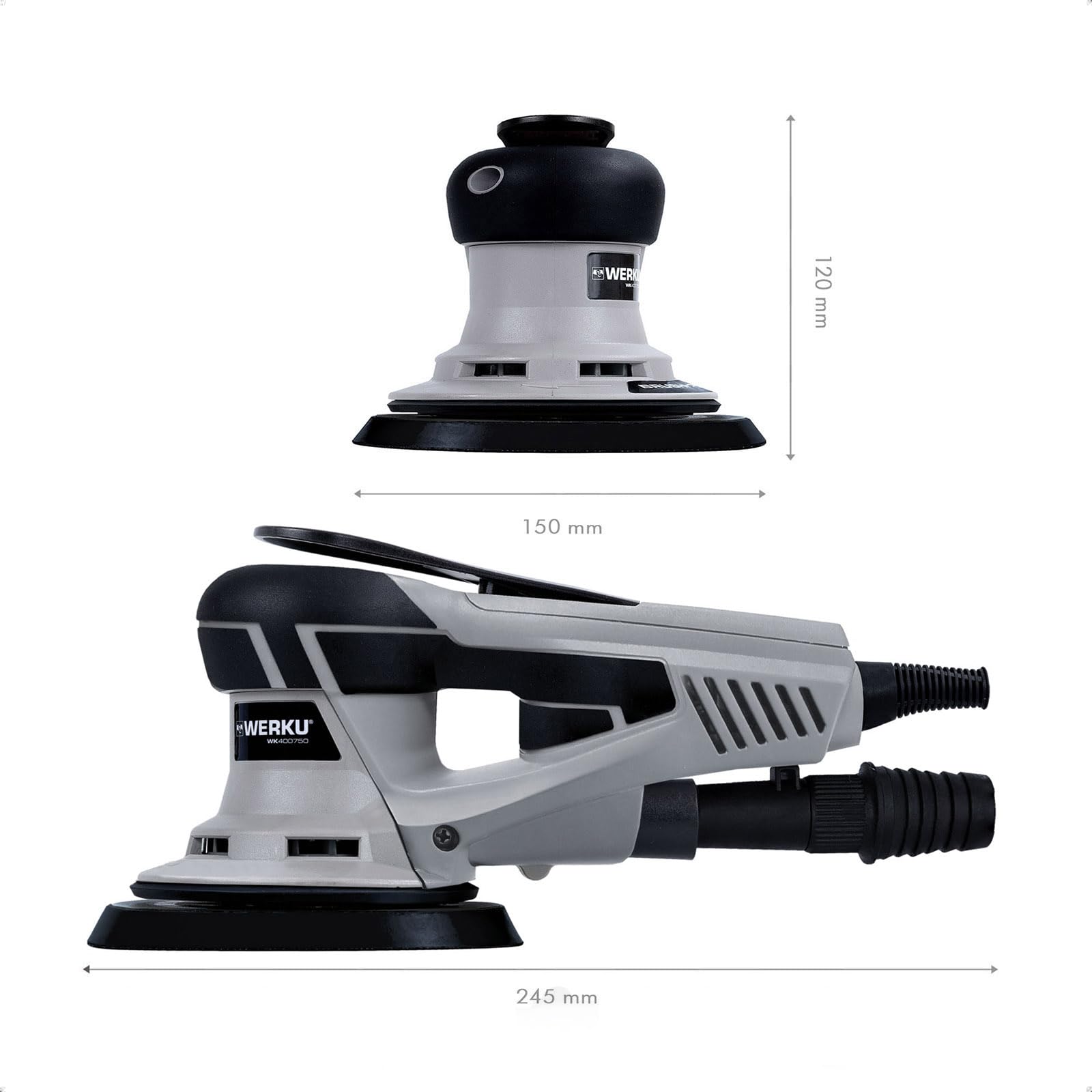 Werku WK400750, Lijadora Circular Rotorbital, Calidad Profesional, Motor Brushless, Potencia 350 W, Disco 150 mm, Órbita 5 mm, Incluye Disco Lijado y Manguera Aspiración