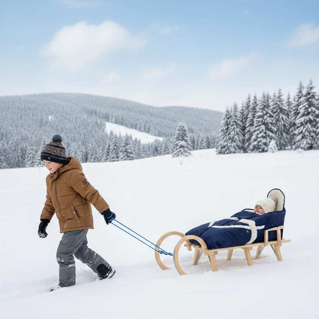 Baby-Schlitten Hörnerschlitten 120 cm mit Lehne + Leine + Fußsack (Qualität) Farbauswahl (Granatblau)