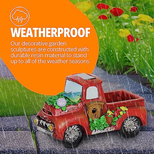 Exhart Garden Sculpture, Solar Nostalgic Truck Garden Statue, LED Lights, Outdoor Garden Decoration, 11.5 x 6 x 6.5 Inch