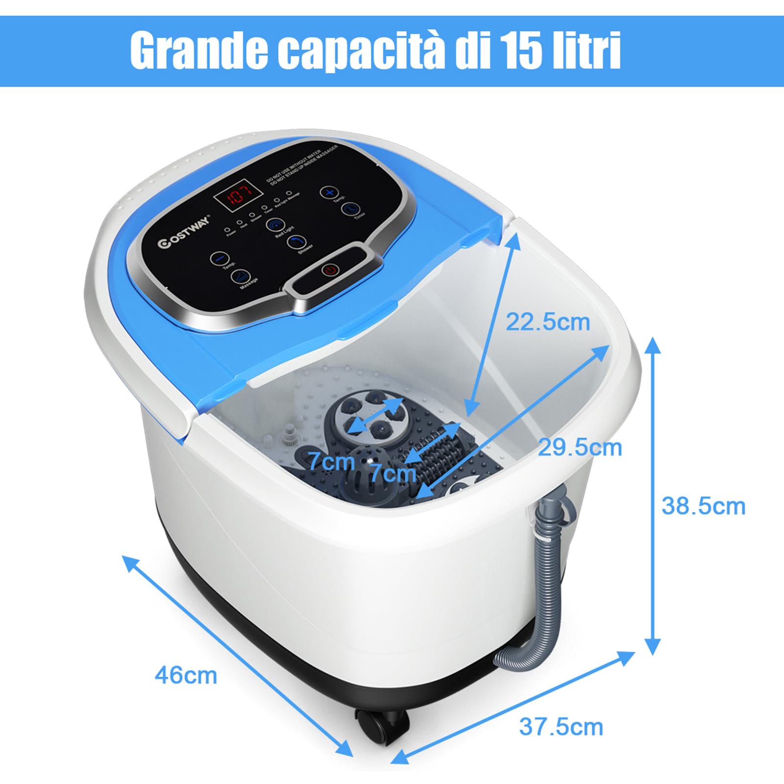 COSTWAY Idromassaggio per Piedi, Pediluvio Massaggiatore Plantare Massaggio Shiatsu, con Funzione Calore Timer e Rulli Luce a Infrarossi, Idromassaggiatore 15L (Blu)
