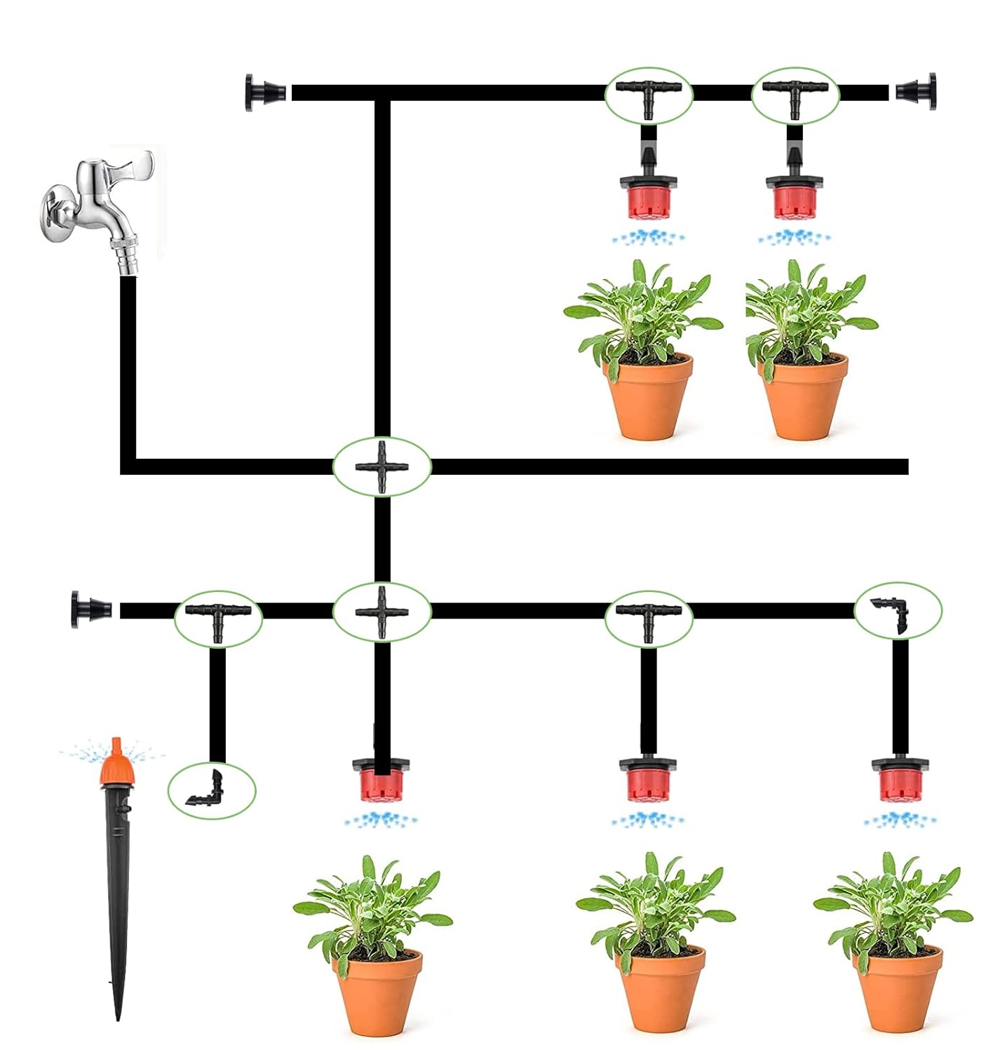 Drip Irrigation Kit 360° Curved Garden Automatic Irrigation System and Drip Irrigation Parts 1/4'' Tubing Fittings