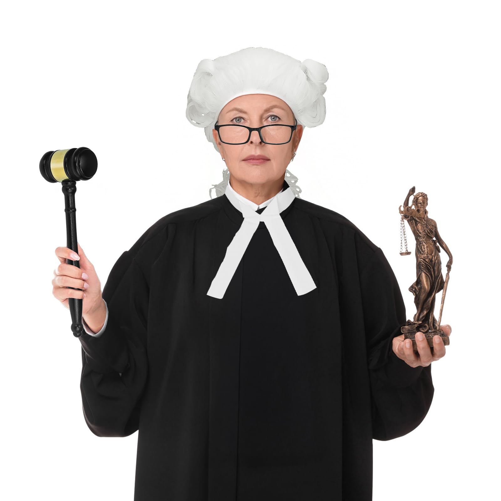 Costume de Juge Adulte 5 Pièces, Déguisement Juge avec Robe Noire, Perruque Blanche, Lunettes à Monture Noire, Nœud Papillon et Marteau en Bois, Kit Cosplay pour Halloween, Carnaval et Théâtre