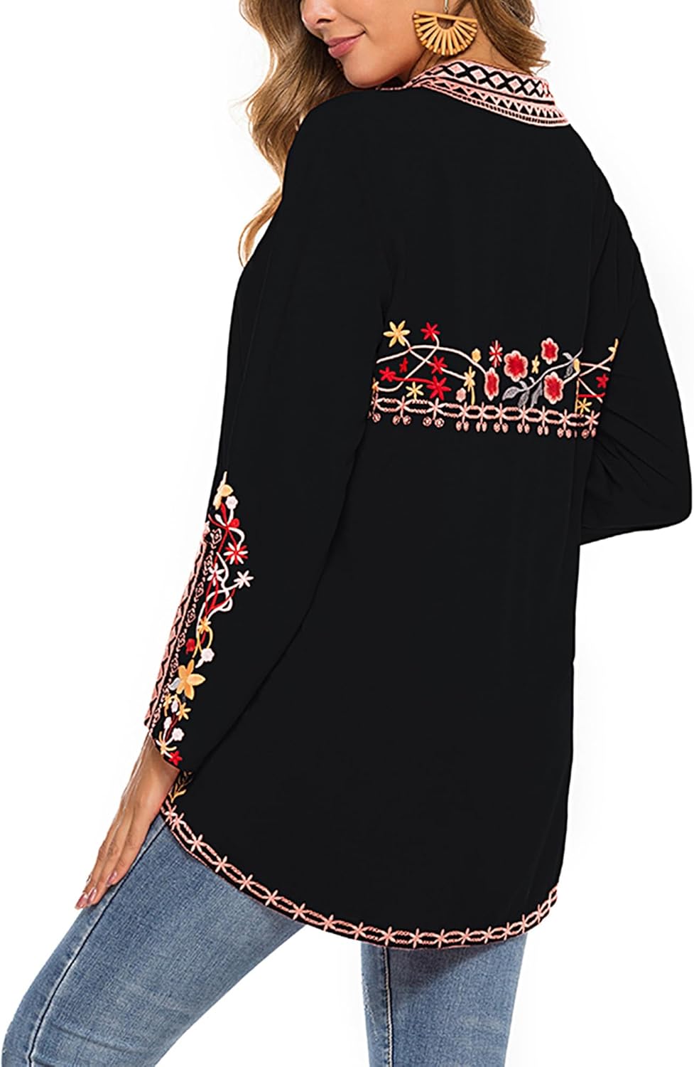 Women's V-Neck Bohemian Floral Embroidered Shirt Mexican Peasant Tops Long Sleeve Casual Loose Tunic Blouse - Image 2