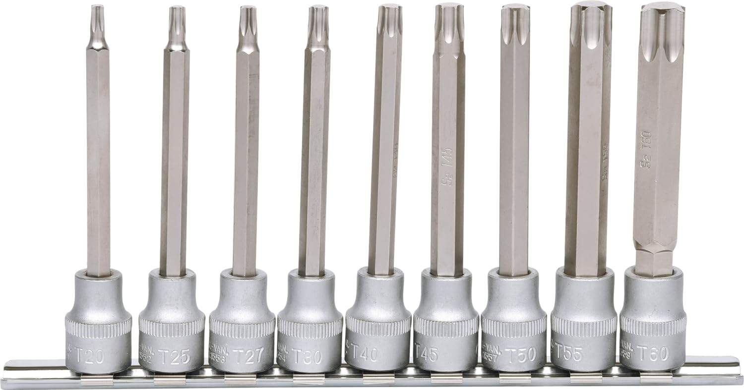 KS Tools 911.1550 Serie di Bussole per Viti TX, Lunghe, 9 Pezzi, T20-T60, 3/8"