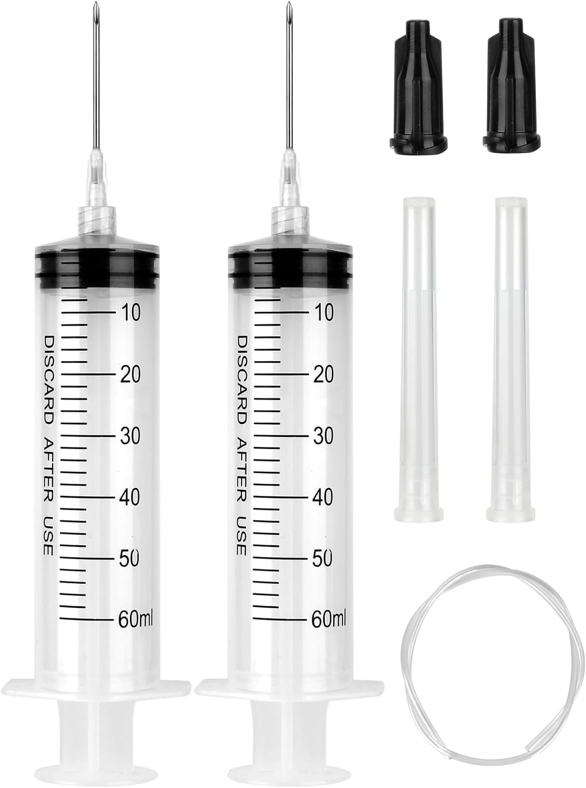 2 Pack 60ml Syringe with 55.1” Tube and Needle 16G 1.5”, Luer Lock Syringes with Cap for Fluid Suction Injector, Drawing Oil, Fluid, Water, Lab, Pets