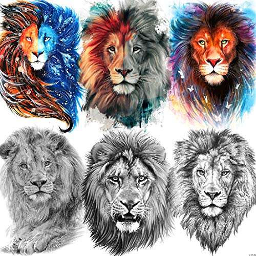 Rejaski 6 Sheets 3D Large Lion Face Temporary Tattoos For Women, Waterproof Fake Tattoo Stickers For Men, Adults Black Lion King Tatoo Halloween Parties, Realisic Half Sleeve Arm Tatoos Animals Sketch