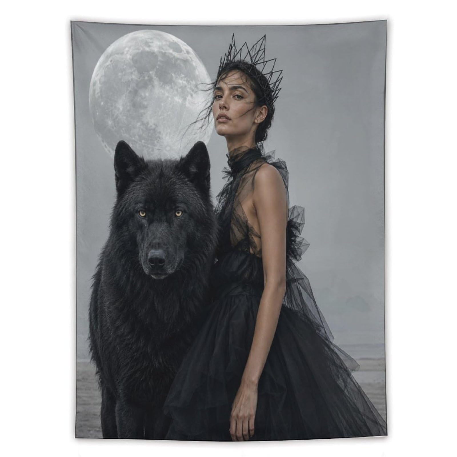 W7C8U2X3 Woman with Black Wolf Wall Tapestry, Surrealist Style, Full Moon